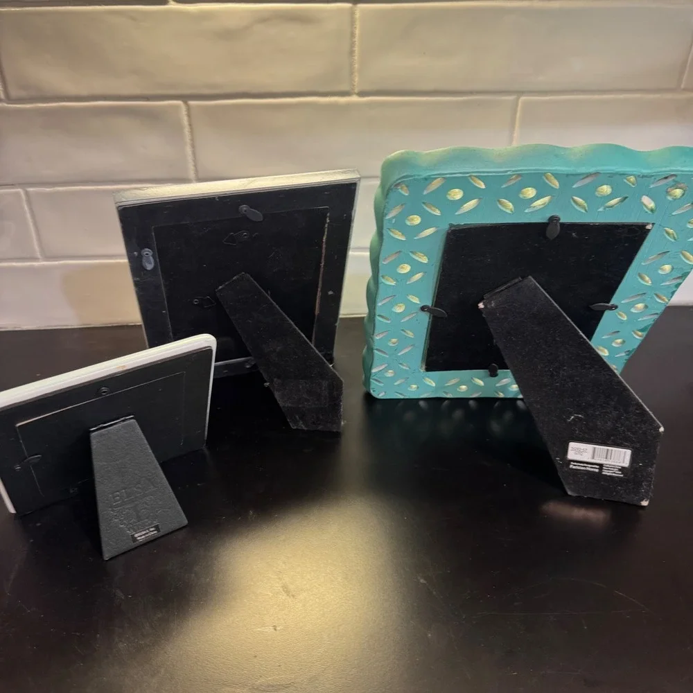 Mixed Brand Photo Frame Set Unisex OS Blue Teal Ceramic Wood Coastal Bee Decor